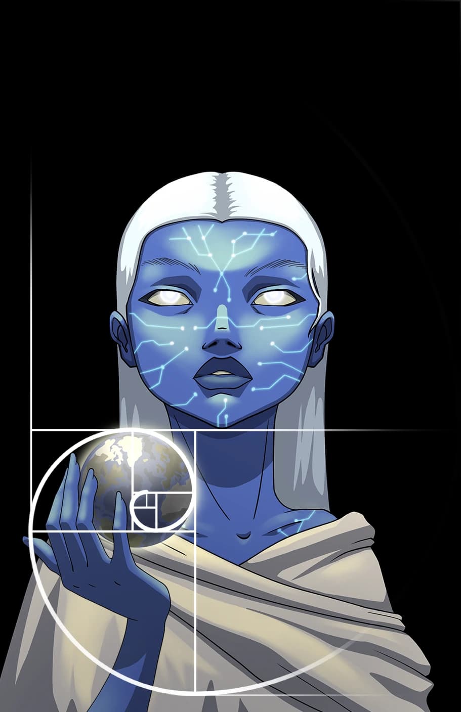 Anna Aigarth holding a small Earth inside a golden spiral