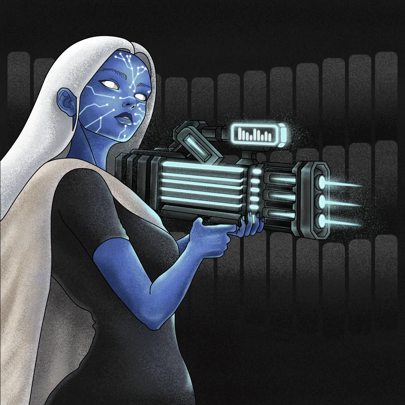Anna, blue-skinned with glowing circuit lines on her face, holding a heavy glowing machine